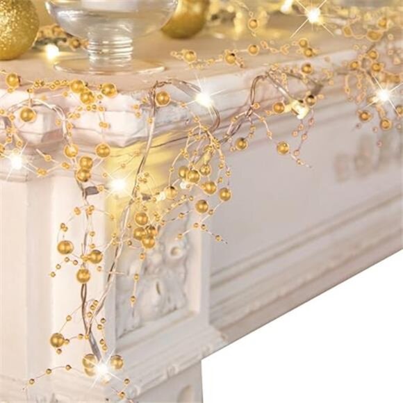 Indoor Christmas Decorations, Festive Lighted Berry Beaded Garland Gold 120" L - Picture 8 of 8